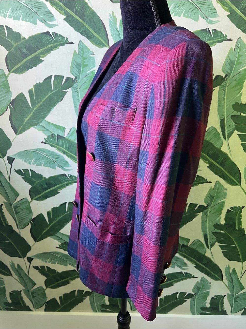 Vintage Worthington Petite Burgundy Navy Blue Plaid Check Preppy Blazer 10 - Picture 3 of 7